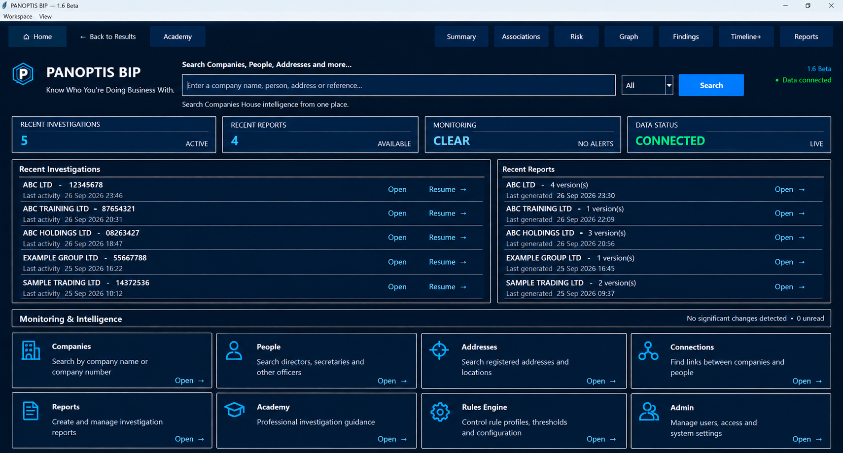 PANOPTIS Home workspace showing search, recent investigations, reporting and platform tools