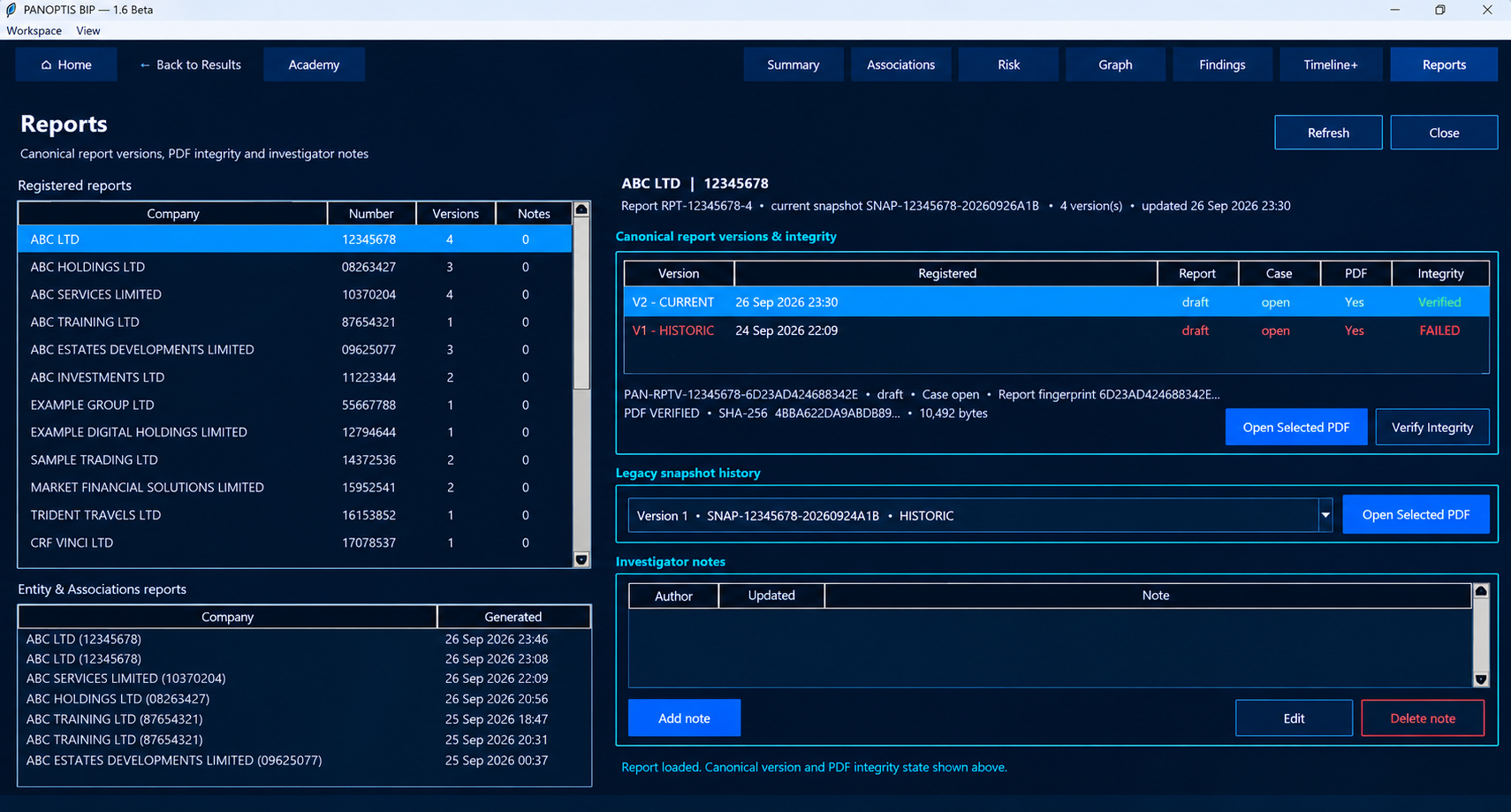 PANOPTIS Reports workspace for anonymised ABC LTD showing report versions, PDF integrity, snapshots and investigator notes